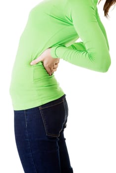 Teen student woman with back pain isolated