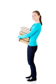 Young caucasian woman (student) with books , isolated on white