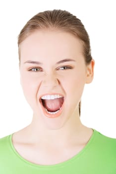 Young casual woman screaming with anger, isolated on white