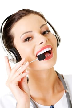 Happy woman doctor wearing headset. Isolated On White