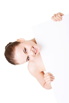 Beautiful woman with perfect skin and beautyful face holding blank board. Isolated on a White Background.