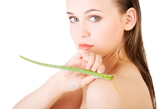 Woman with aloe vera, isolated on background