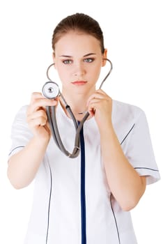 Female doctor or nurse with stethoscope, isolated on white