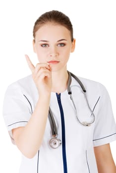 Doctor or nurse with repelling gesture.Isolated on white background.