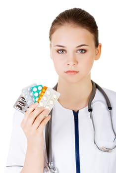 Medicine pills. Doctor or nurse showing medical pills,  isolated on white background.