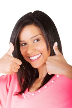 Beautiful young woman in casual clothes gesturing thumbs up.