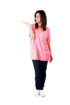 Happy , excited young woman presenting copy space on her palm, isolated on white