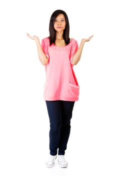 Young woman presenting copy space on her palm, isolated on white