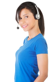 Beautiful young call-center assistant smiling , isolated
