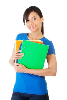 Happy student woman with notebooks, isoalted on white background