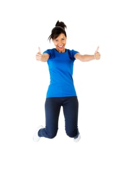 Young happy woman jumping in the air with thumbs up , isolated on white background