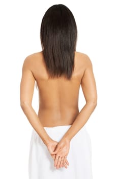 Young beautiful nude woman after bath or spa with towel , isolated on white