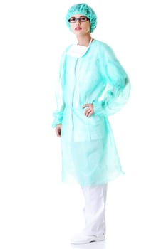 Portrait of female surgeon or nurse wearing protective uniform