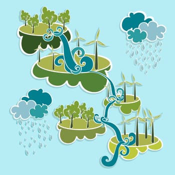 Renewable resources green, trees, clouds, rain, wind turbines and curly waterfall illustration. Vector layered for easy editing.