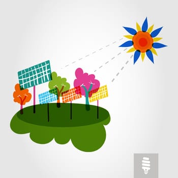 Go green colorful city sun, solar panels and trees. Industry sustainable development with environmental conservation background illustration. Vector file layered for easy editing.