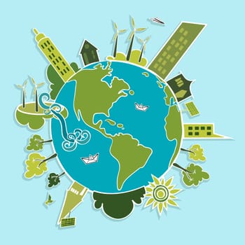 Eco friendly green world trees, buildings, houses, wind turbines and green sun illustration. Vector layered for easy editing.