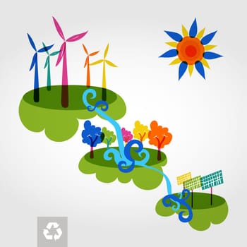 Go green colorful city wind turbines, trees and solar panels. Industry sustainable development with environmental conservation background illustration. Vector file layered for easy editing.