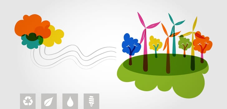 Global transparent silhouettes colorful clouds, wind turbines and trees eco friendly resources icons illustration. Vector layered for easy editing.