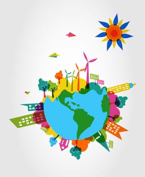 Global transparent silhouettes colorful trees, buildings, houses, wind turbines and sun illustration. Vector layered for easy editing.