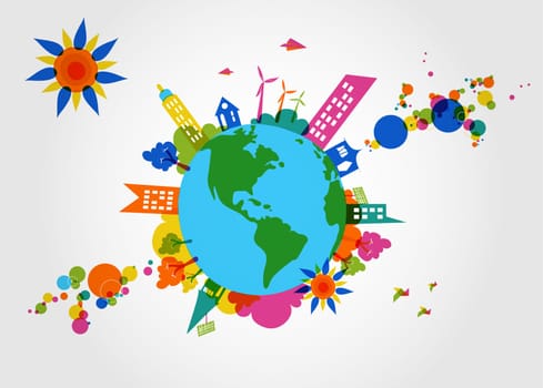 Global transparent silhouettes colorful houses, trees, wind mills and bubbles illustration. Vector layered for easy editing.