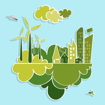 Eco friendly green city trees, buildings, houses, wind turbines and green clouds illustration. Vector layered for easy editing.