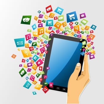 Human hand holds electronic tablet computer applications icons set burst illustration. Vector file layered for easy personalization.