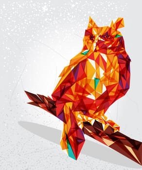 Trendy owl bird over tree branch, transparent elements grunge background. EPS10 vector with transparency organized in layers for easy editing.