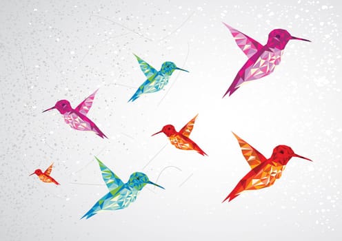 Trendy colorful abstract humming birds triangle shapes over grunge background. Vector file layered for easy editing.
