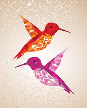 Trendy colorful abstract humming birds triangles shapes over grunge background. Vector file layered for easy editing.