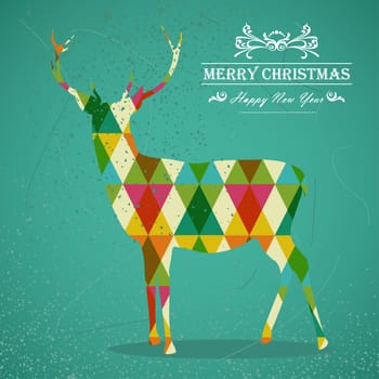Merry Christmas colorful reindeer transparent geometric elements green background. EPS10 vector with transparency organized in layers for easy editing.