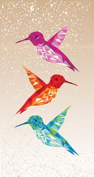 Trendy colorful abstract humming birds triangles shapes over grunge background. Vector file layered for easy editing.