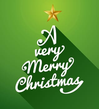A very Merry Christmas tree shape text over green background. Vector file layered for easy editing.