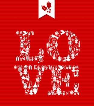 Merry Christmas love text with holiday celebration icons. Vector layered for easy editing.