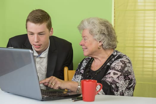 Elderly lady and young man working together on the laptop.