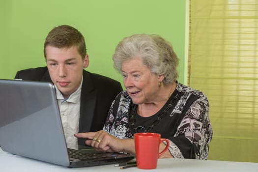 Elderly lady and young man working together on the laptop.