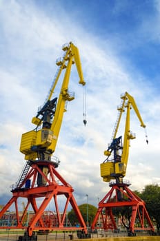 Colorful cranes in the Puerto Madero neighborhood of Buenos Aires, Argentina