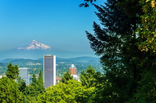 Mount Hood rising above downtown Portland, Oregon