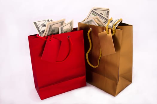 A gold and a red gift bag with dollars, isolated.
