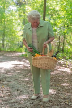 Elderly lady with shopping basket while walking