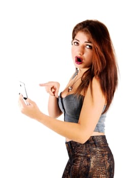 An angry young woman pointing to her cell phone where she got a bad.message, for white background..