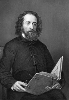 Alfred Lord Tennyson (1809-1892) on engraving from 1872. Poet Laureate of Great Britain and Ireland during Queen Victoria's reign. One of the most popular British poets. Engraved after a painting by A.Chappel and published in "The Masterpiece Library of Short Stories'',USA,1872."