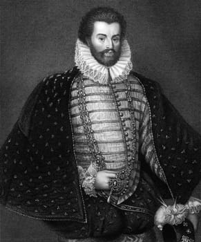 Christopher Hatton (1540-1591) on engraving from 1831.  English politician. Engraved by W.H.Mote and published in ''Portraits of Illustrious Personages of Great Britain'',UK,1831.