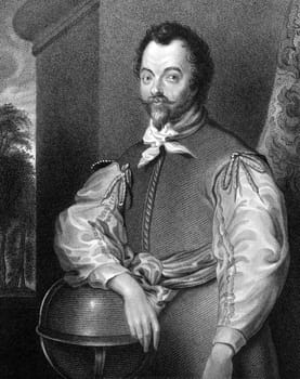 Francis Drake (1540-1596) on engraving from 1829.  English sea captain, privateer, navigator, slaver and politician. Engraved by S.Freeman and published in ''Portraits of Illustrious Personages of Great Britain'',UK,1829.
