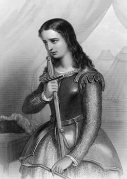 Joan of Arc (1412-1431) on engraving from 1858. Folk heroine of France and a Roman Catholic saint. Engraved by W.H.Mote and published in "World Noted Women'',USA,1858."