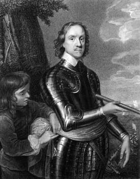Oliver Cromwell (1599-1658) on engraving from 1827. English military and political leader best known for his involvement in making England into a republican Commonwealth. Engraved by E.Scriven and published in ''Portraits of Illustrious Personages of Great Britain'',UK,1827.