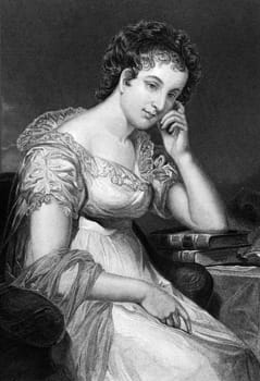 Maria Edgeworth (1768-1849) on engraving from 1873.  Prolific Irish writer of adults and children's literature. Engraved after a painting by A.Chappel and published in "The Masterpiece Library of Short Stories'',USA,1873."