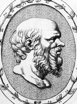Socrates (469BCβ€“399BC) on engraving from 1685. .Classical Greek Athenian philosopher. Considered one of the founders of Western philosophy. Engraved by Leonardo Agostini and published in Gemmae et Sculpturae Antiquae Depictae,Italy,1685.