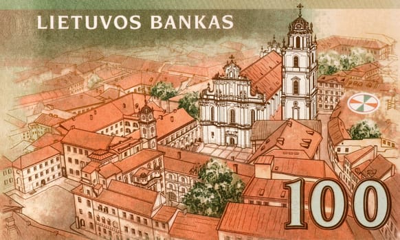 Vilnius old town on 100 Litu 2007 banknote from Lithuania.