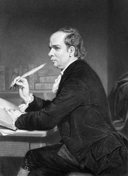 Oliver Goldsmith (1728-1774) on engraving from 1873. Irish writer, poet and physician. Engraved after a painting by A.Chappel and published in "The Masterpiece Library of Short Stories'',USA,1873."
