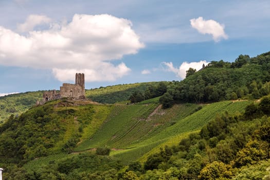 german castle ruin located high above the mosel river near bernkastel-kues germany.